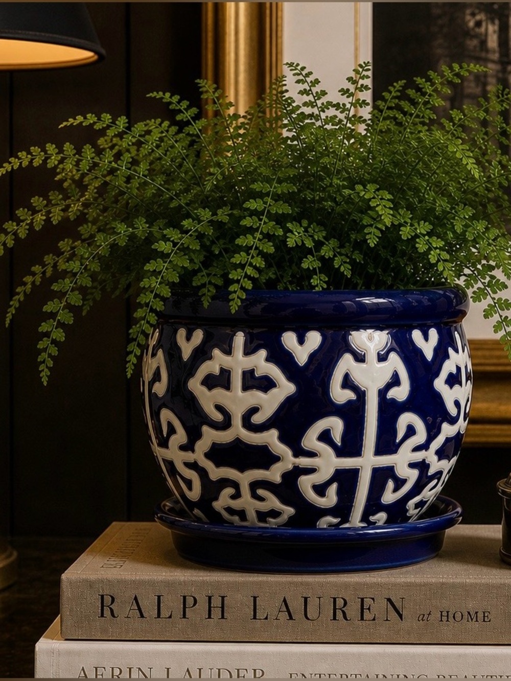 Cobalt Blue & Ivory Chinoiserie Ceramic Planter Cachepot